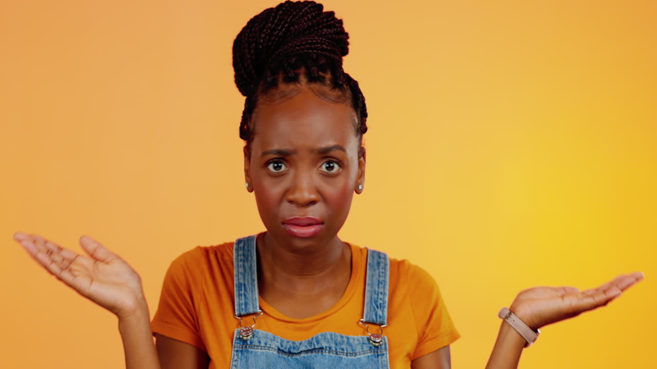 Face, confused and black woman with question