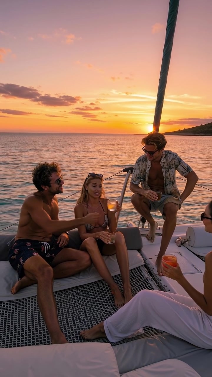 Gruppo di amici che si rilassano e si godono un drink sul ponte di un catamarano al tramonto.