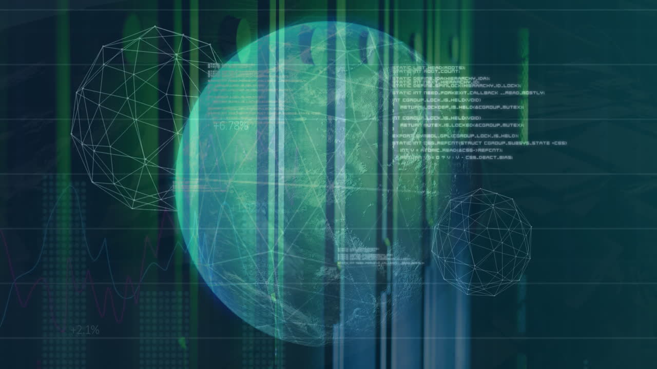 Animation of spinning globe and statistical data processing against computer server room