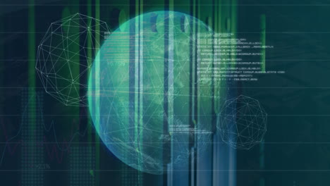 animation of spinning globe and statistical data processing against computer server room