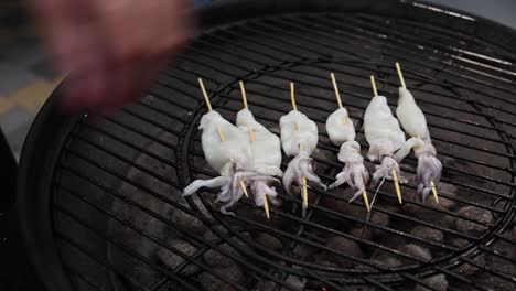 grilled squid skewers on a charcoal grill