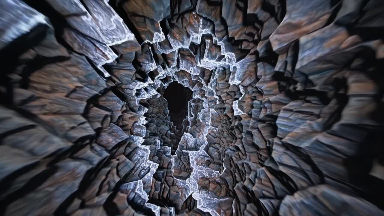 Abstract visual sequence showcasing a dynamic tunnel of textured rocks illuminated by glowing edges, creating a mesmerizing flow of motion and depth perception