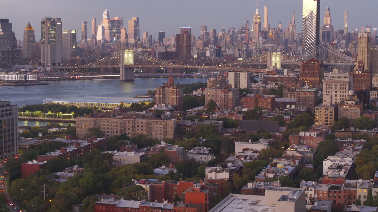 Aerial view of New York City at dusk.