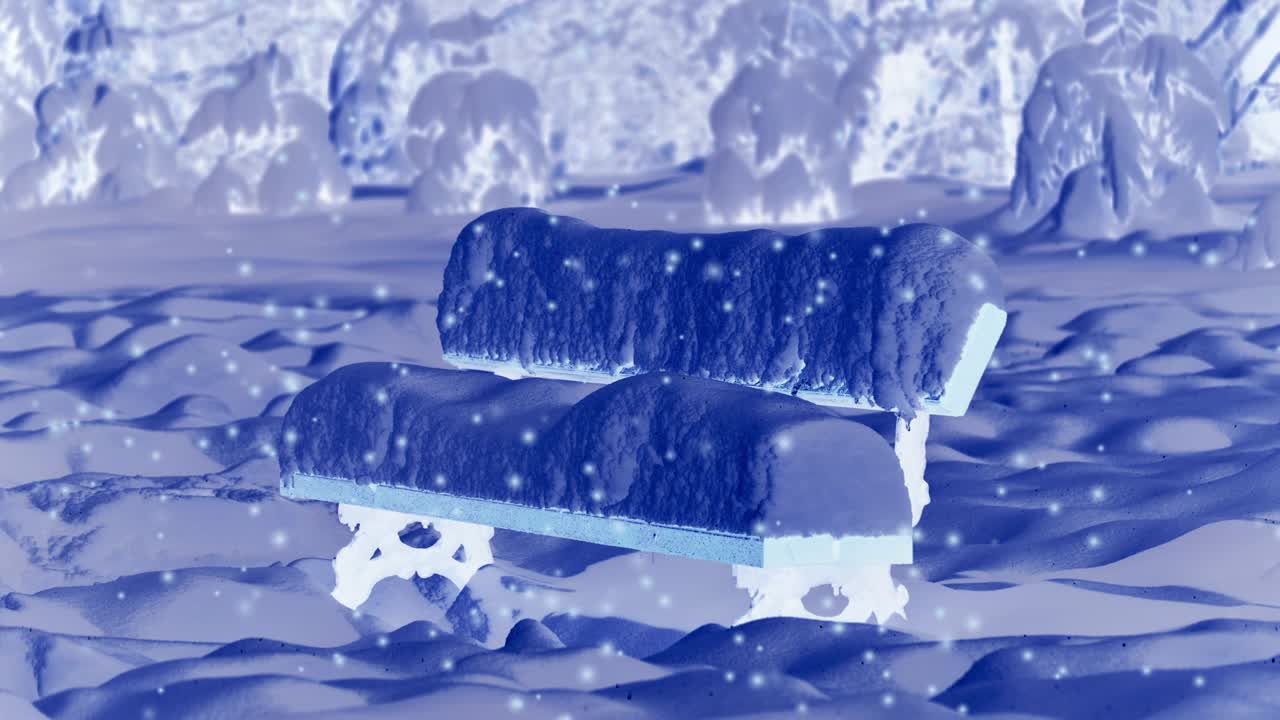 겨울에 밤에 숲에서 눈으로 인 벤치.