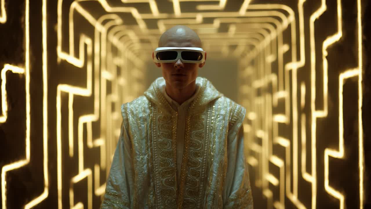 An enigmatic figure dressed in ornate attire stands confidently in a mesmerizing corridor illuminated by intricate patterns of light, embodying a futuristic blend of tradition and innovation in a surreal setting