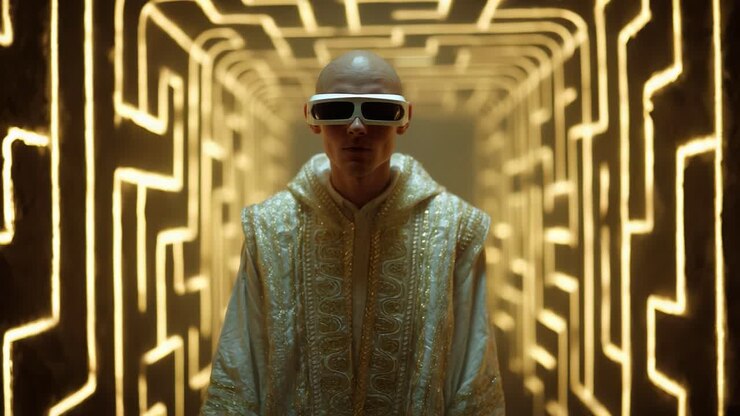 An enigmatic figure dressed in ornate attire stands confidently in a mesmerizing corridor illuminated by intricate patterns of light, embodying a futuristic blend of tradition and innovation in a surreal setting