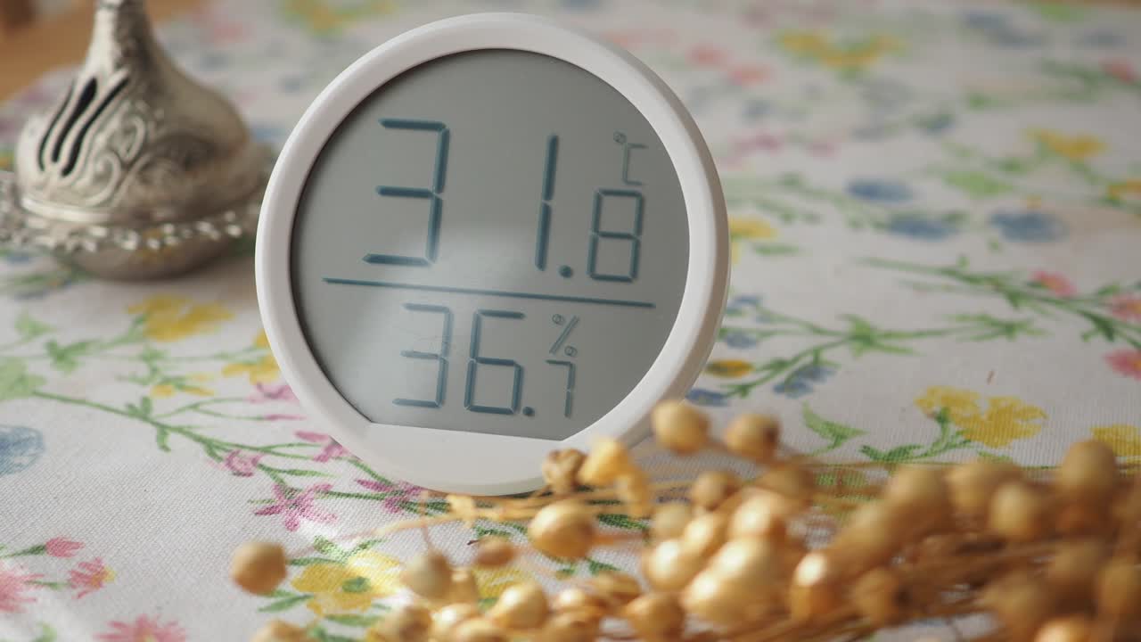 Close-up of a thermometer displaying temperature and humidity
