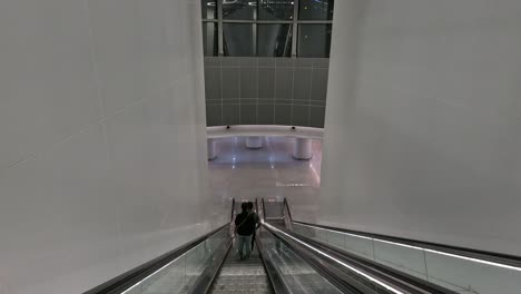 person descending on an indoor escalator