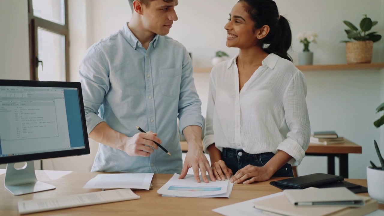 Uomo con camicia azzurra che indica e guida una donna con camicetta bianca, esaminando i grafici alla scrivania dell'ufficio con una penna