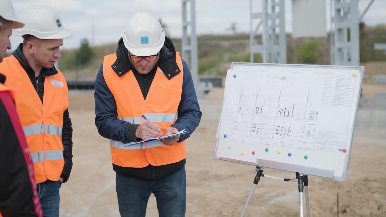 ingenieros supervisan la construcción de una subestación de transformador