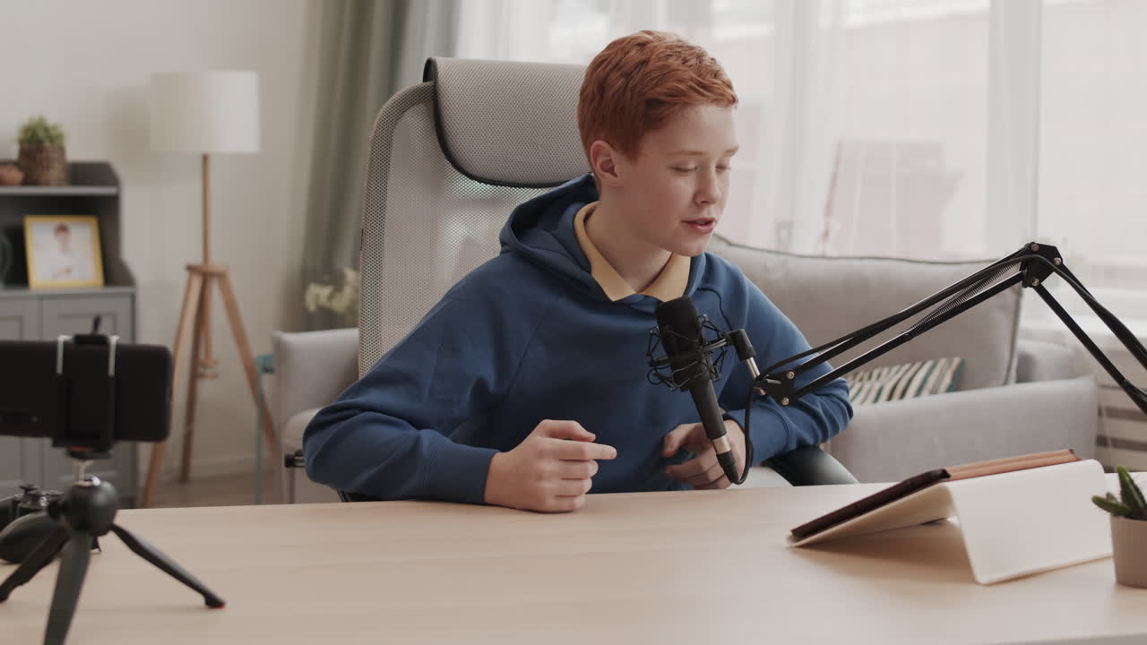 Teenager creating content for podcast