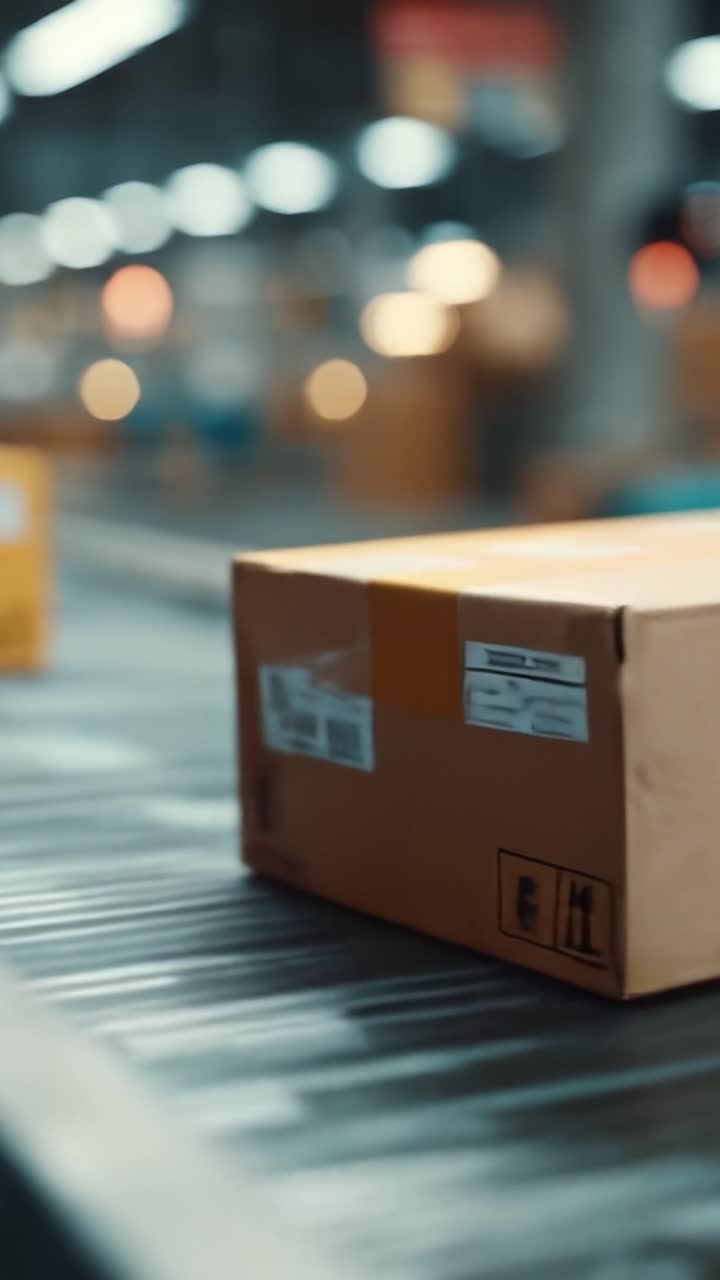 Movimiento de Paquetes en Cinta Transportadora en un Entorno de Almacén Moderno con Enfoque en una Caja Amarilla que Representa Operaciones Logísticas Eficientes