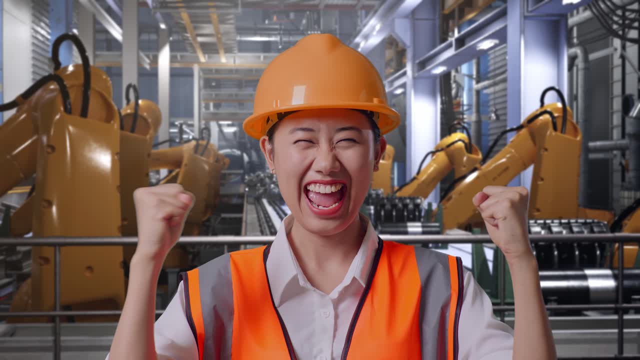 Close Up Of Asian Female Engineer With Safety Helmet Screaming Goal Celebrating Working With Industrial Robotic Arms Working