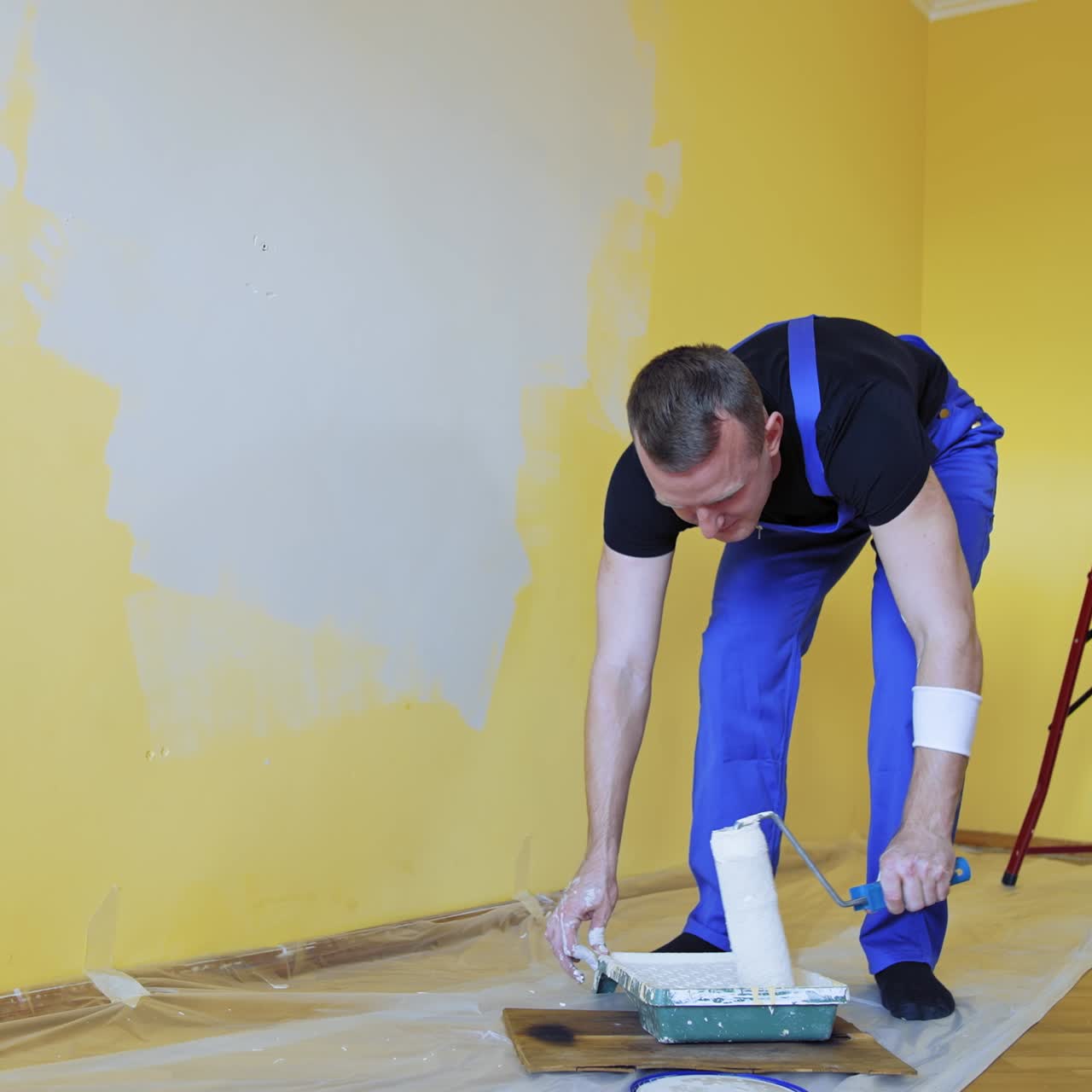 Apartment redecoration and home construction. Painting wall with roller brush by handyman during home renovation