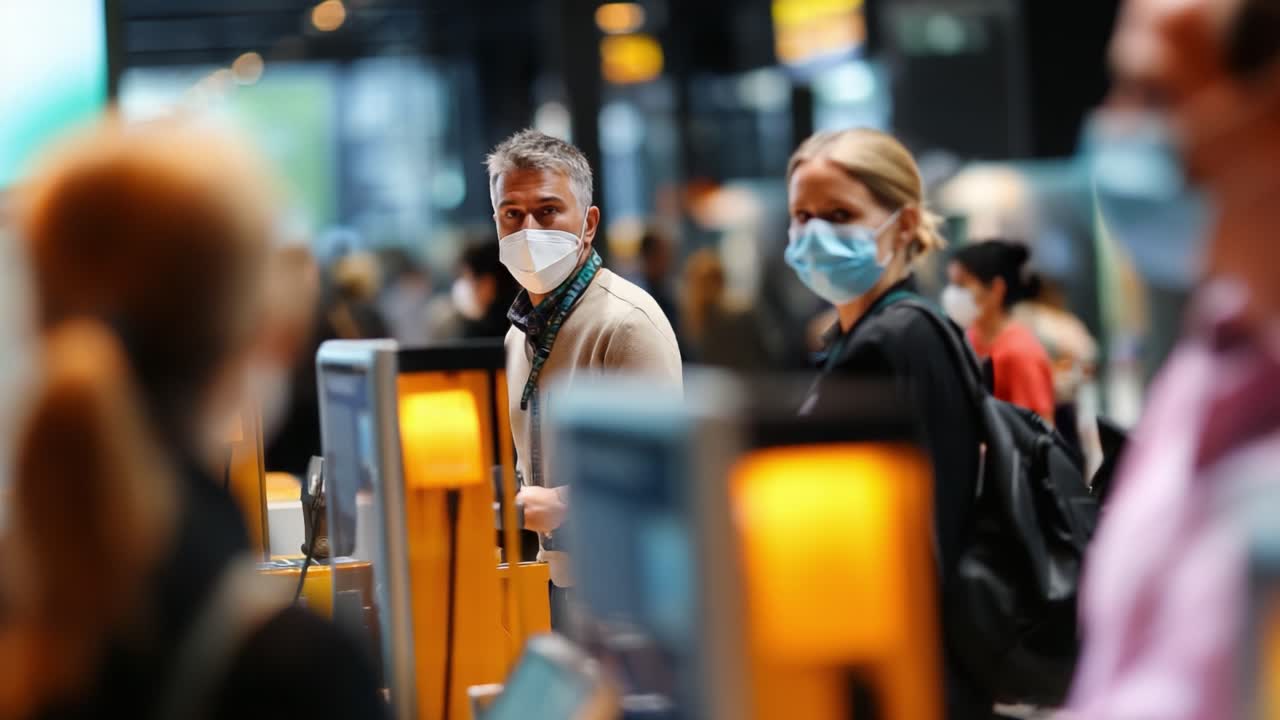 A busy scene capturing travelers at an airport check-in area, highlighting masked individuals engaging with self-service kiosks amidst the bustling environment filled with people