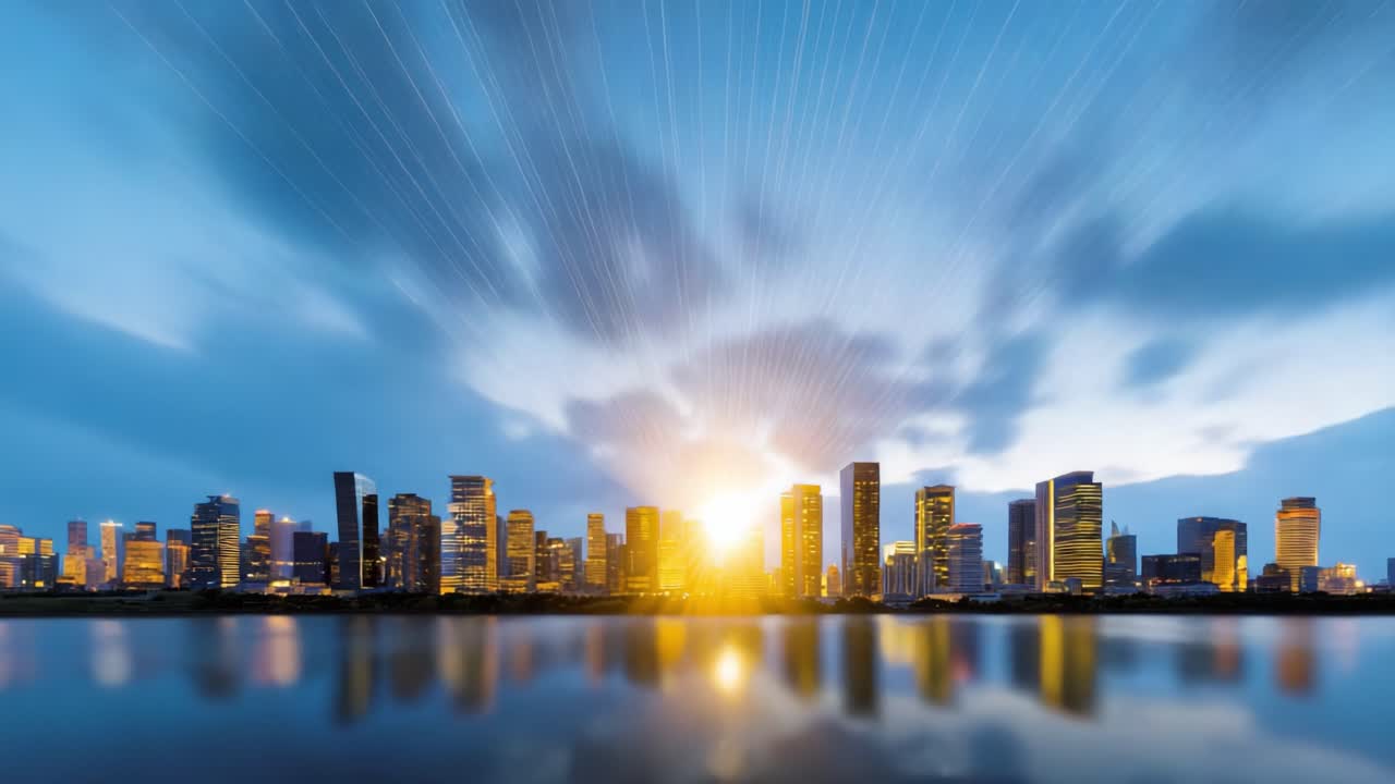 Transformação deslumbrante da paisagem urbana do dia para a noite, com reflexos majestosos e prédios iluminados sob um céu dinamicamente nublado