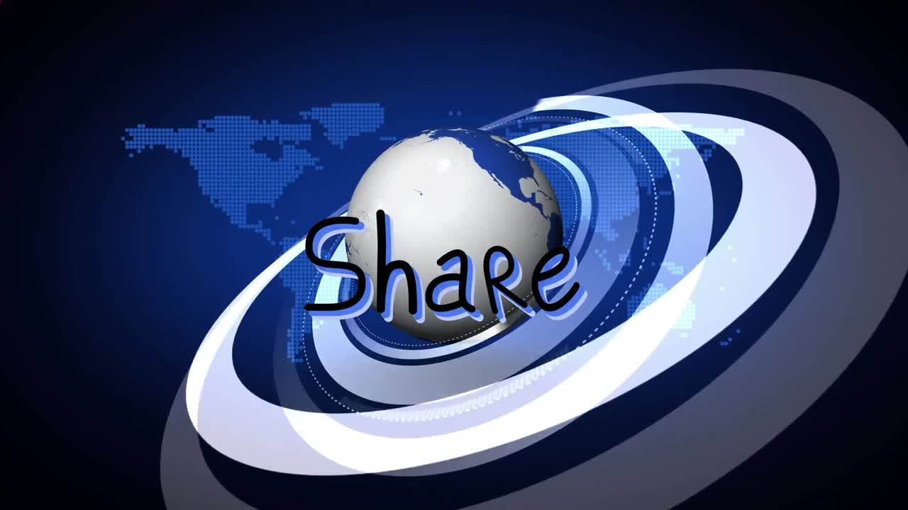 파란 바탕에 지구와 세계 지도 위에 텍스트와 빨간 모양을 공유하는 애니메이션