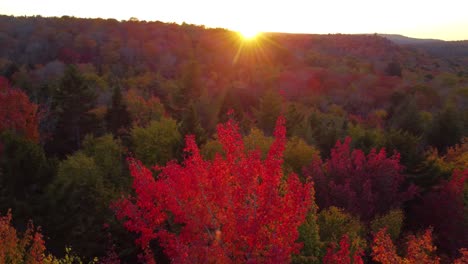 Aerial view of a sunset with autumn foliage around Mount Washington, New Hampshire, US
