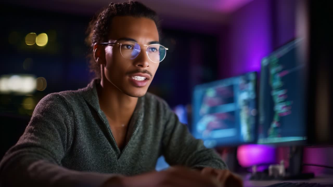 Fokuseret person, der arbejder på flere skærme med dataanalyse i et moderne tech-miljø, hvilket fremhæver koncentration og digitalt engagement