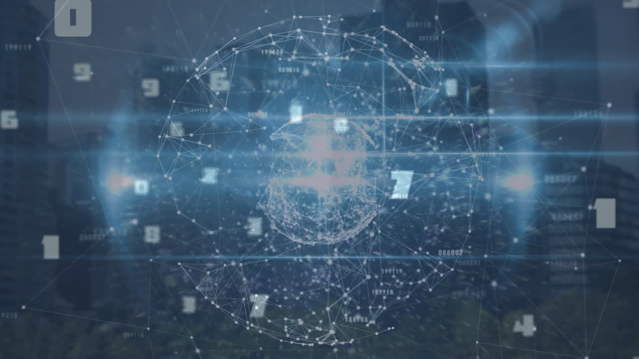 연결 네트워크, 데이터 처리 및 반 ⁇ 이는 불빛과 함께 회전하는 지구의 애니메이션