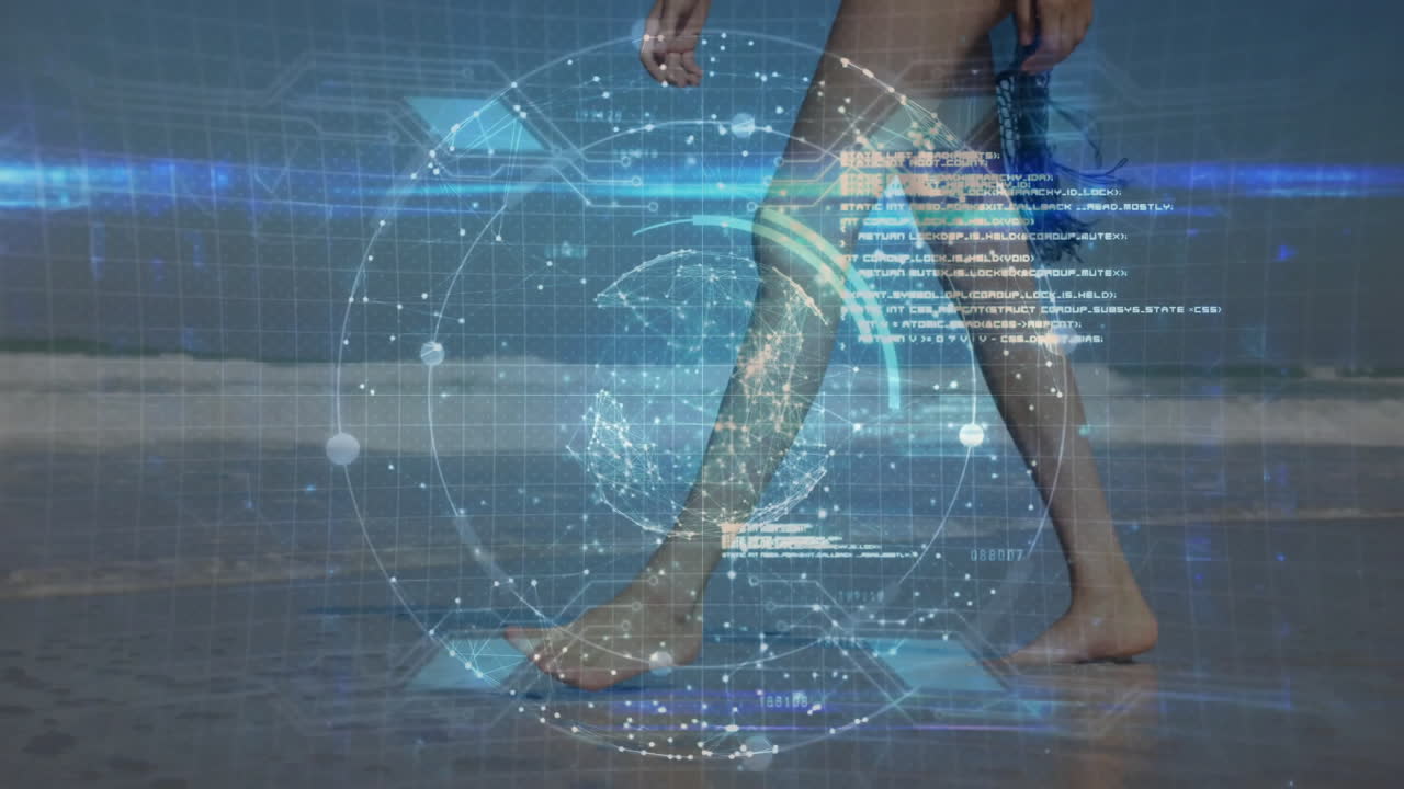 Futuristic digital interface animation over person walking on sandy beach