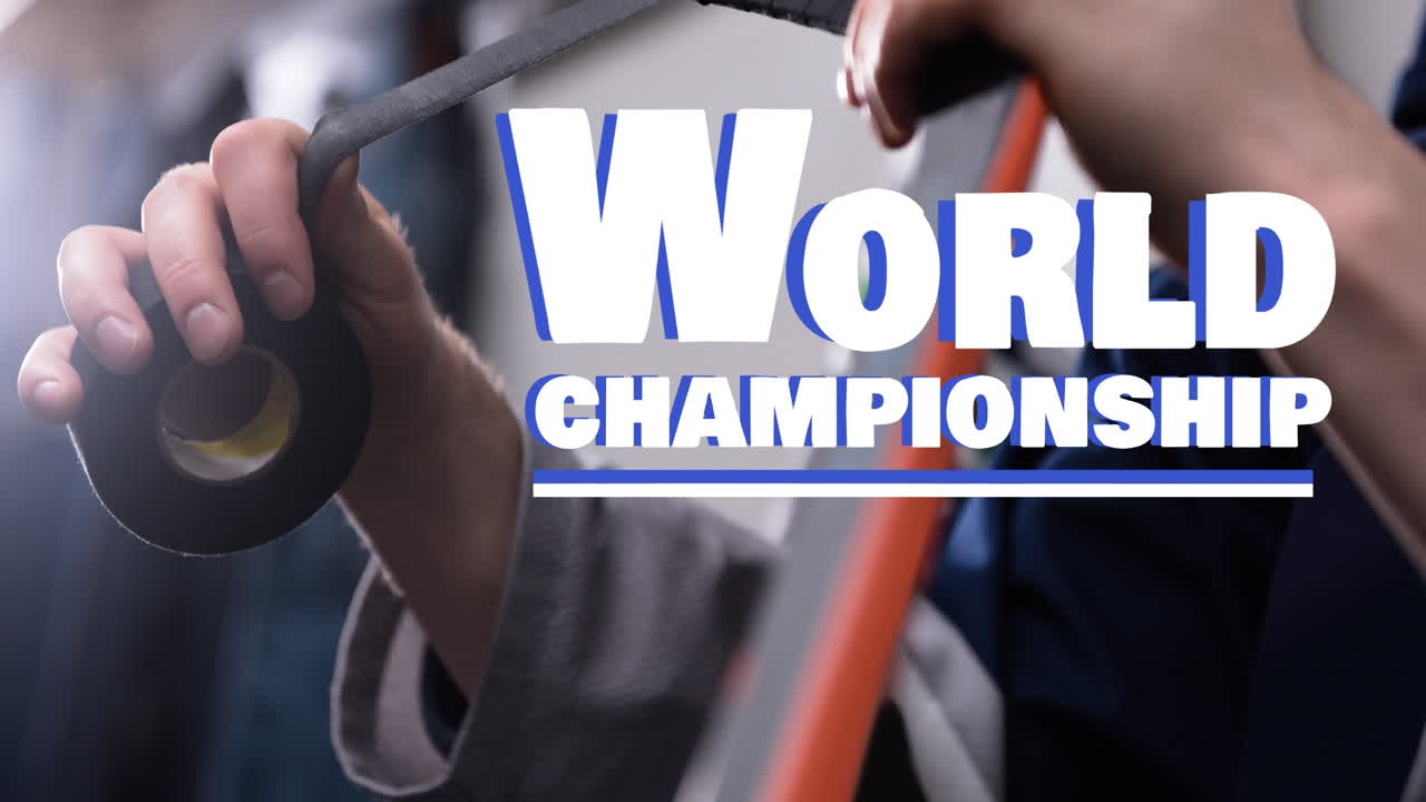 animación del texto del campeonato mundial sobre la cinta del jugador de hockey sobre hielo