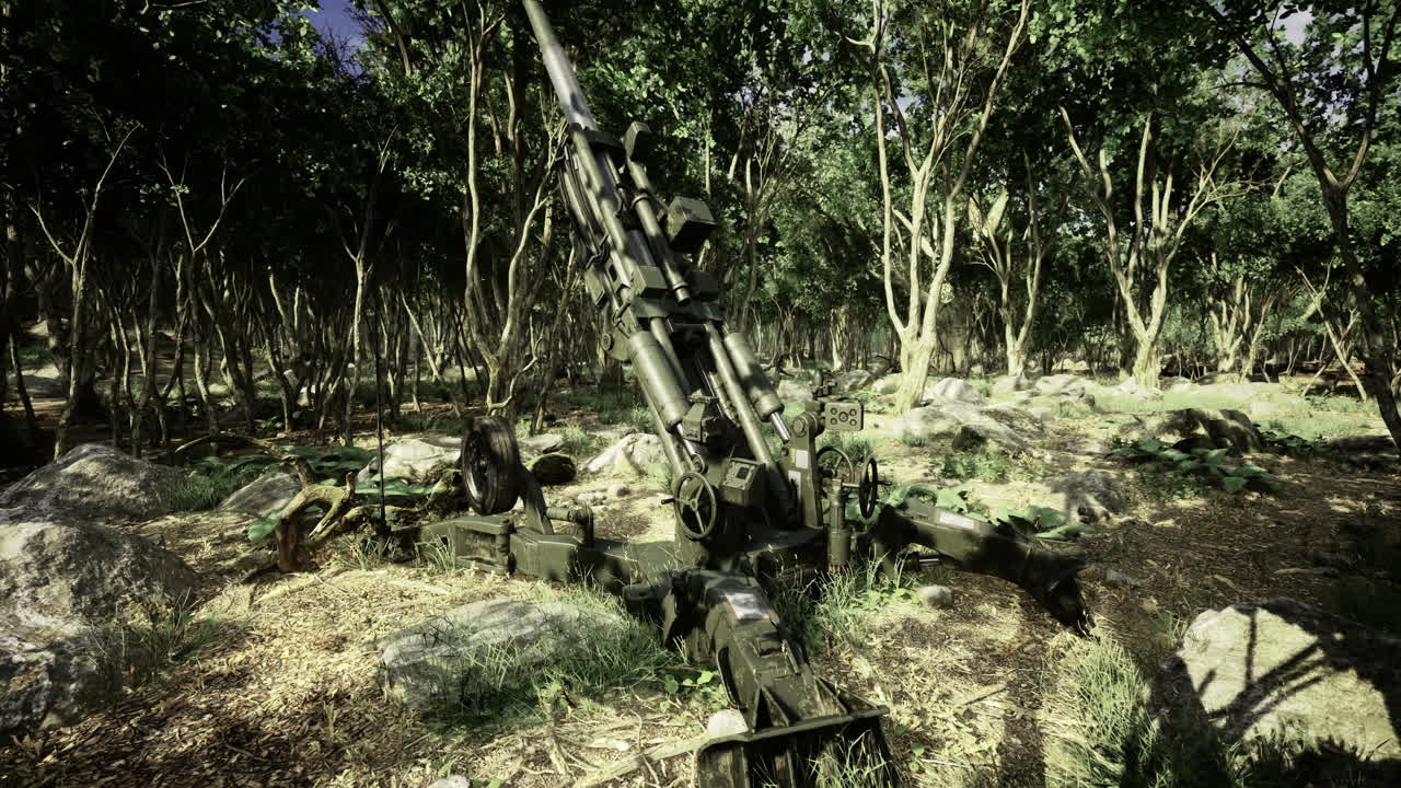 Military artillery positioned in a dense forest during daylight hours