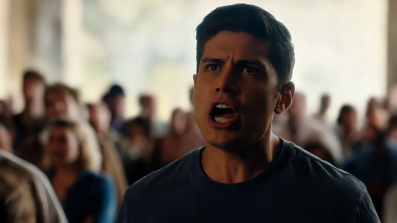 joven enojado en una multitud