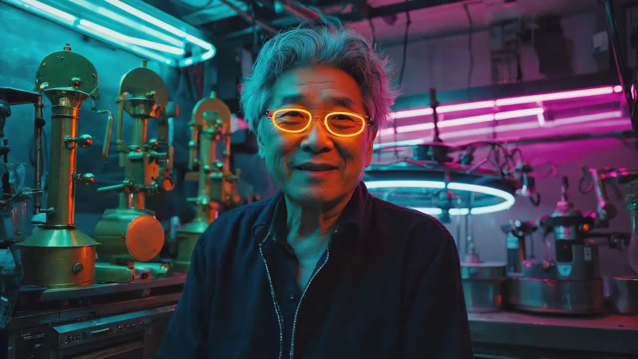 Ritratto di un uomo con occhiali al neon