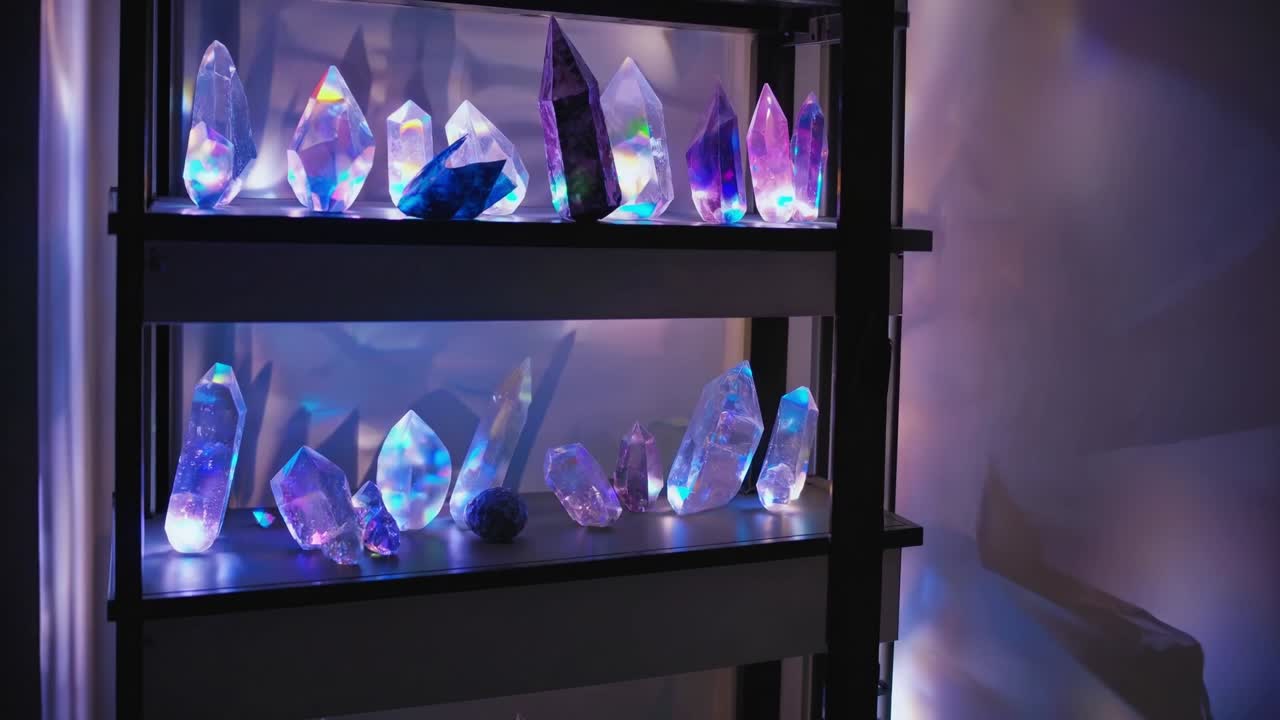 Vibrant crystals on a shelf, illuminated with changing lights, create a captivating scene of reflections and textures, enhancing the ambiance of the space