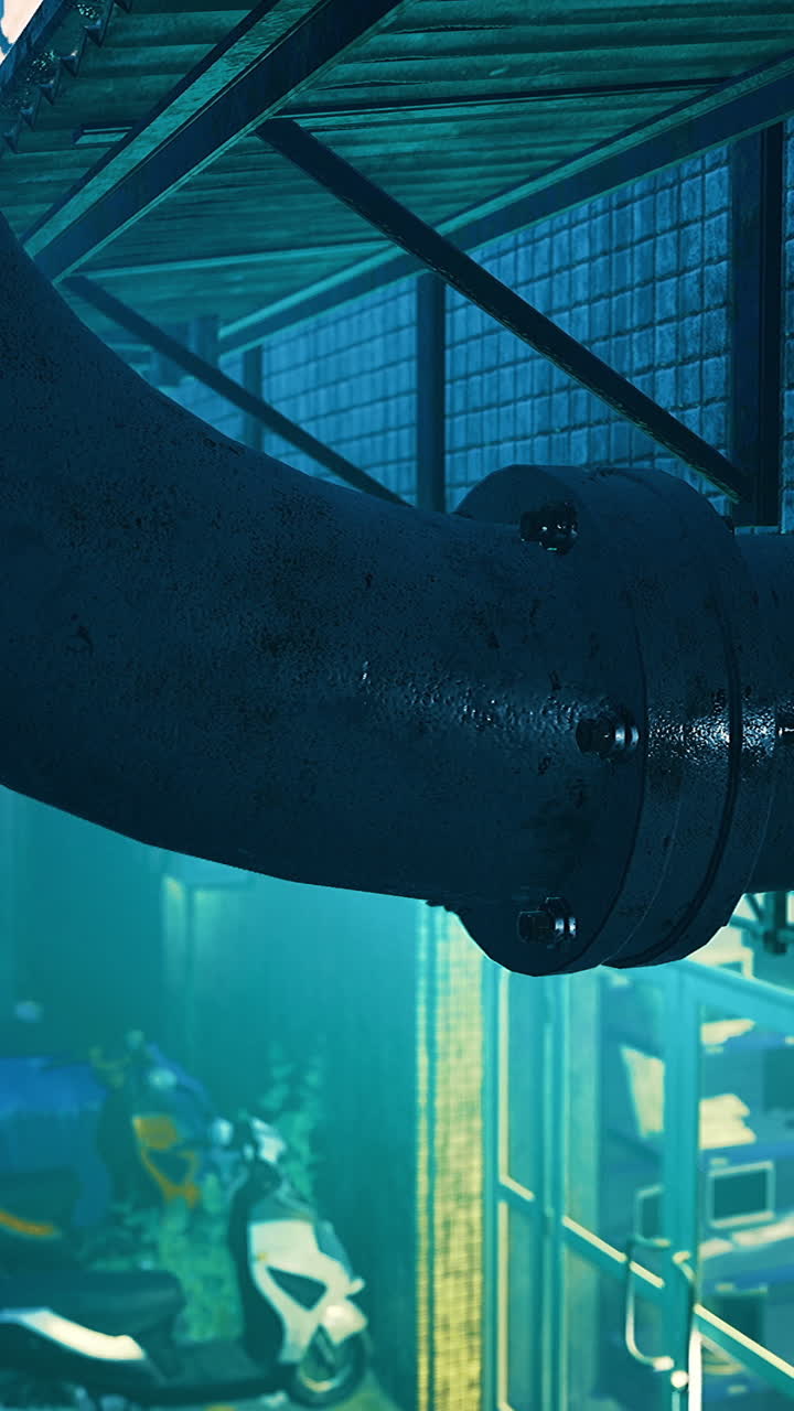 Urban alley with pipes and neon lights in a futuristic cityscape at night