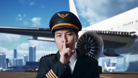 close up of asian man pilot looking at camera and making shh gesture in airfield with airplane on background