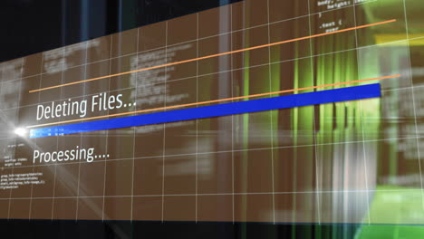 Animation-of-deleting-files,-processing-text-on-interface-over-server-room