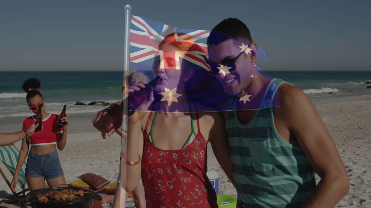 Holding drinks on beach, people celebrating with Australian flag animation overlay
