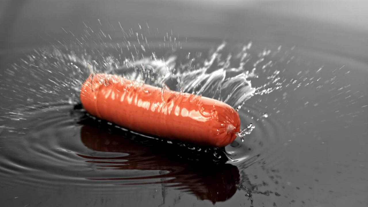 Hot dog rosso che schizza nell'acqua scura al rallentatore