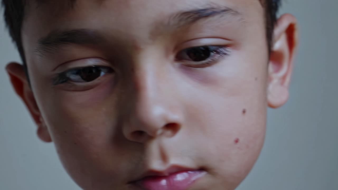 Close-up video still of a child's face, capturing a contemplative expression
