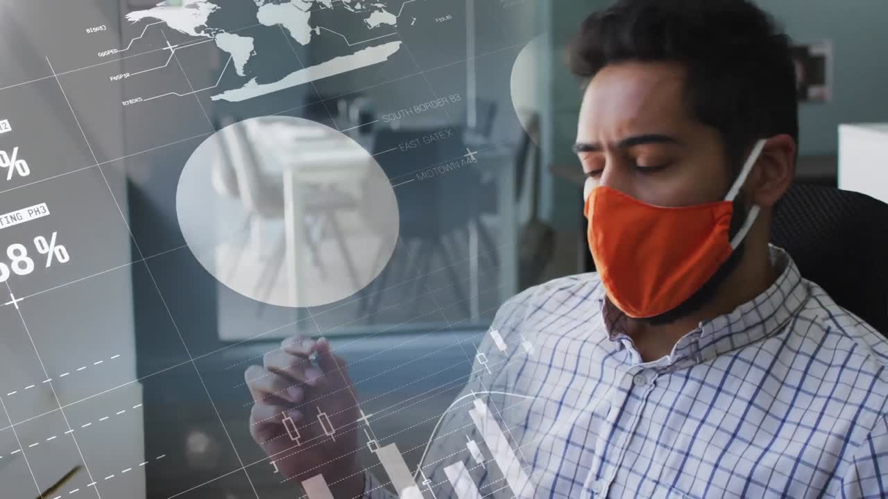 animación de las estadísticas de covid 19 y el procesamiento de datos sobre el hombre en la máscara rápida en la oficina