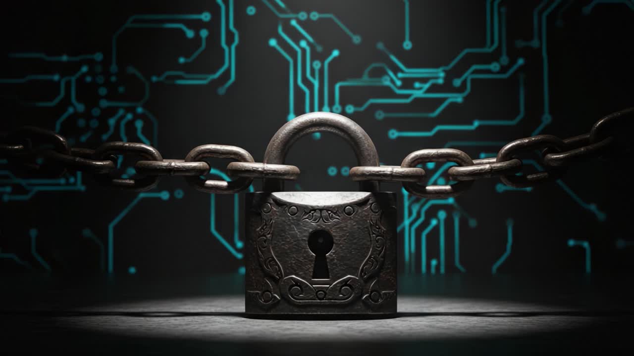 A Secure Digital Environment: Highlighting the Intricacies of Cybersecurity with a Focus on a Locked Padlock and Chains Against a Futuristic Circuit Background