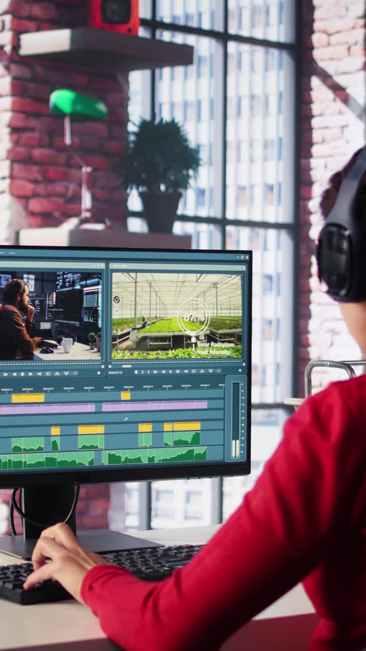 Vertical Video Woman video creator working on editing a movie montage project