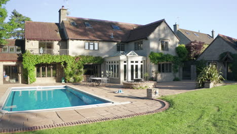 aerial flyaway from a countryside family home with a pool