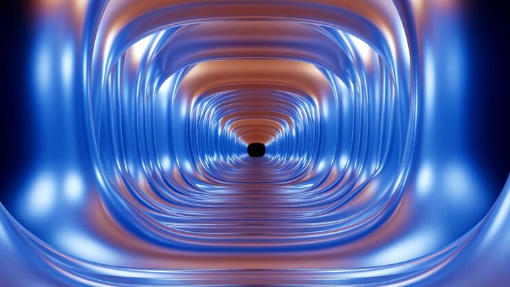 Abstract tunnel interior with smooth reflective blue and orange surfaces, seen from the centerline toward a dark opening, creating strong symmetry, depth