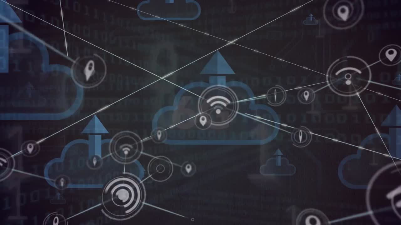 Animation of network of connections and clouds with uploading over navy background