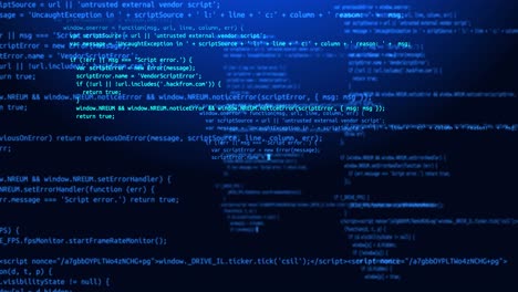 4k loop blue screen program code on a computer screen in defocus animation software development and