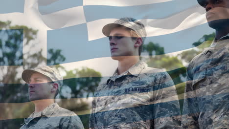 animation of flag of greece over diverse male soldiers