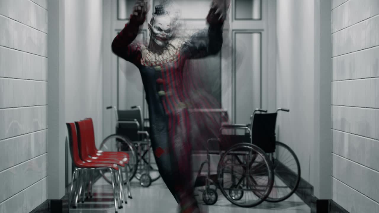 um palhaço surrealista dançando em um edifício abandonado de um hospital. o conceito de um palhaço assustador e de pesadelo. a animação é perfeita para fundos assustadores e apocalípticos.