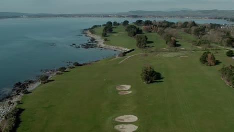 aerial drone shot along beautiful seacoast near green fields, wide angle