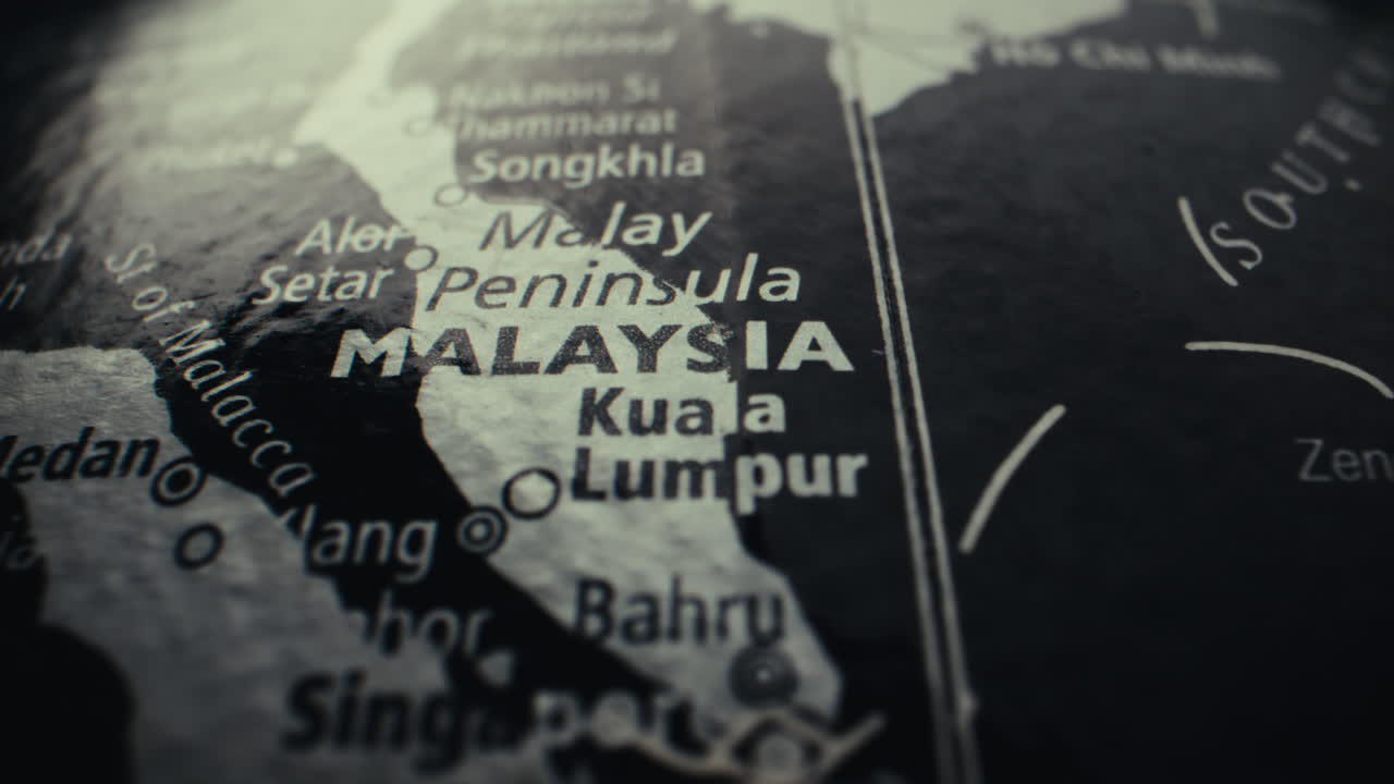 Close-up of a world map focusing on Malaysia