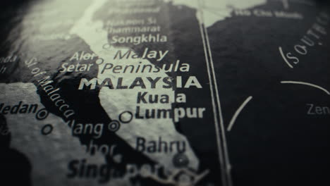 close-up of a world map focusing on malaysia