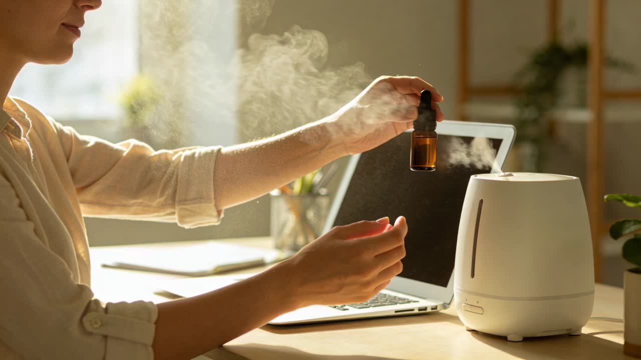 Vidéo verticale : Femme ajoutant de l'huile à un diffuseur sur un poste de travail à domicile, augmentant la vapeur pour le bien-être