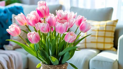 a vase filled with pink tulips sitting on top of a table